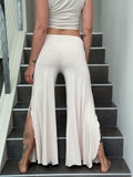 caraucci stretch jersey cream wide-leg side slit full-length flow pants #color_cream