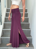caraucci stretch jersey purple wide-leg side slit full-length flow pants #color_jam