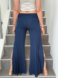 caraucci stretch jersey navy blue wide-leg side slit full-length flow pants #color_navy