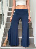 caraucci stretch jersey navy blue wide-leg side slit full-length flow pants #color_navy