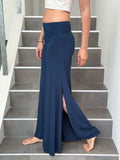 caraucci stretch jersey navy blue wide-leg side slit full-length flow pants #color_navy