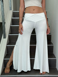 caraucci stretch jersey white wide-leg side slit full-length flow pants #color_off-white
