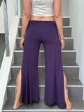 caraucci stretch jersey purple wide-leg side slit full-length flow pants #color_plum