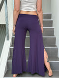 caraucci stretch jersey purple wide-leg side slit full-length flow pants #color_plum
