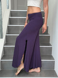 caraucci stretch jersey purple wide-leg side slit full-length flow pants #color_plum