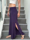 caraucci stretch jersey purple wide-leg side slit full-length flow pants #color_plum