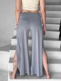 caraucci women's stone grey wide-leg flow pants with side slits #color_stone