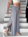 caraucci women's stone grey wide-leg flow pants with side slits #color_stone
