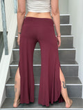 caraucci stretch jersey maroon wide-leg side slit full-length flow pants #color_wine