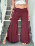 caraucci stretch jersey maroon wide-leg side slit full-length flow pants #color_wine