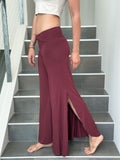 caraucci stretch jersey maroon wide-leg side slit full-length flow pants #color_wine