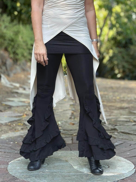 Comfortable Fusion Dance Pants with Ruffled Side Slits in Black