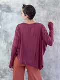 caraucci plant-based rayon jersey maroon asymmetrical hem oversized long sleeve top with thumbholes #color_wine