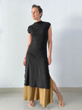 caraucci high neck cap sleeve black double slit tunic dress #color_black