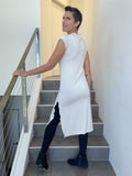 caraucci high neck cap sleeve cream double slit tunic dress #color_cream