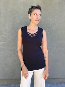 women's plant based rayon jersey sleeveless top with criss cross front detail #color_black