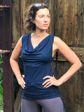 women's plant-based stretchy rayon jersey drape front tunic with adjustable side ruching and lace up back #color_navy