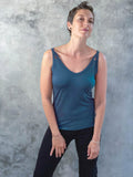 caraucci scoop neck teal blue tank top with cut out accents #color_teal