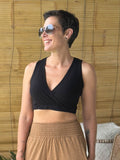 caraucci plant-based rayon stretch jersey black cross over v neck bra top #color_black