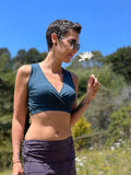 caraucci plant-based rayon stretch jersey teal blue cross over v neck bra top #color_teal