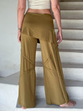 women's skirt over brass color wide leg pants with raised diagonal stitching #color_brass