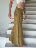 women's skirt over brass color wide leg pants with raised diagonal stitching #color_brass