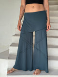 women's skirt-over teal blue wide leg pants with raised diagonal stitching #color_teal