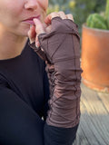women's plant based rayon jersey stretchy brown textured fingerless gloves #color_brown