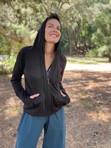 caraucci women's bamboo cotton fleece sustainable black zipper hoodie jacket with 2 front pockets