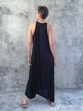 caraucci lightweight loose fit black high neck maxi dress #color_black