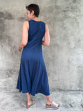 women's plant based rayon jersey stretchy navy blue v-neck midi dress with raised detailed stitching #color_navy