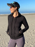 caraucci women's bamboo cotton fleece sustainable black zipper hoodie jacket with 2 front pockets