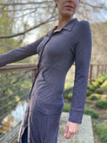 caraucci bamboo spandex steel grey coat dress with 6 pockets and buttons up the front, can be worn as a jacket or dress #color_steel