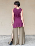 women's plant based stretchy rayon jersey v-neck twist front wide band purple sleeveless tunic and brass slit flow pants#color_jam