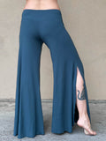women's natural rayon jersey stretchy teal blue slit flow pants with elastic waistband #color_teal