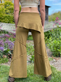 women's natural rayon jersey skirt over brass color wide leg pants with raised diagonal stitching #color_brass