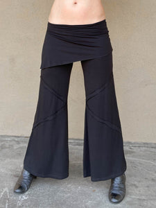 women's natural rayon jersey skirt over black wide leg pants with raised diagonal stitching #color_black