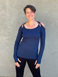 women's plant based stretchy rayon jersey long sleeve peekaboo shoulder navy blue top with thumbholes #color_navy