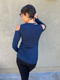 women's plant based stretchy rayon jersey long sleeve peekaboo shoulder navy blue top with thumbholes #color_navy