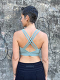 caraucci stretchy full coverage sage green yoga bra top with criss cross back straps #color_moss