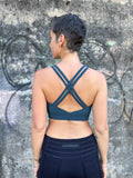 caraucci stretchy full coverage teal blue yoga bra top with criss cross back straps #color_teal