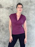 caraucci plant-based rayon stretch jersey purple cross over neckline top #color_jam