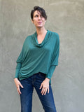 women's natural lightweight rayon jersey cowl neck jasper green loose fit top with thumbholes #color_jasper