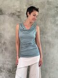 women's plant based rayon jersey sage green top with ruching on sides and slight cowl neck #color_moss