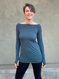 caraucci women's long sleeve natural rayon jersey teal blue boatneck long sleeve top #color_teal