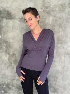caraucci plant-based rayon stretch jersey teal blue long sleeve cross over neckline top #color_teal